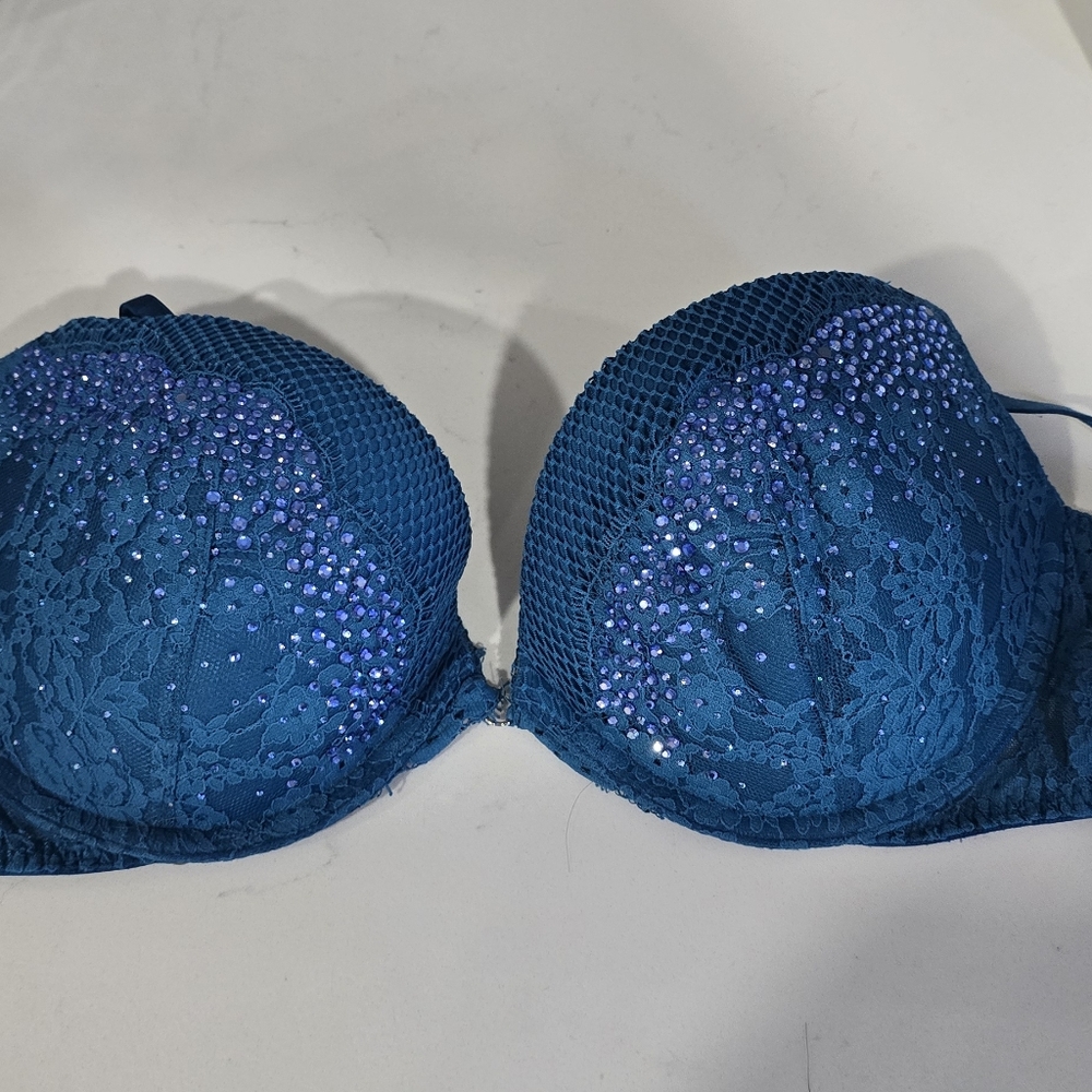 Teal Lace & Rhinestone Push-Up Bra - Women Intimates